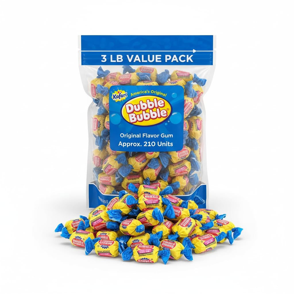 Kafari Bubble Original Bubble Gum - 3 Pound Bulk Bag (Approx. 210 Pieces) - Individually Wrapped Gum, Pink Chewing Gum- Original - Pink Gum Value Pack