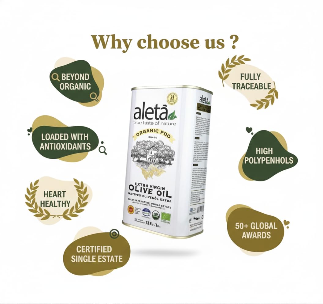 Aleta, USDA Organic Greek Extra Virgin Olive Oil, EU Certified Single Estate PDO Greece, 1 Lt (33.8 oz.) Tin, Kosher EK, Pack of 1