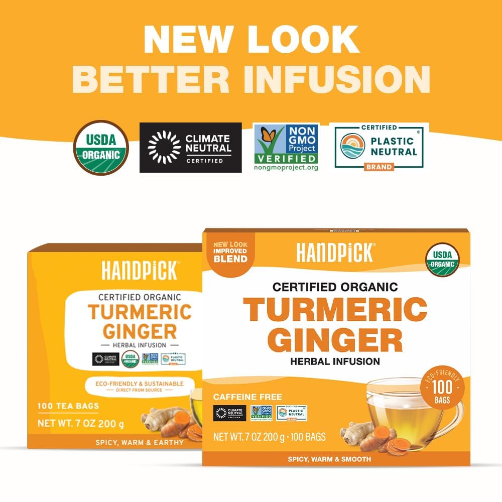 HANDPICK, Organic Turmeric Ginger Tea (100 Tea Bags) | Herbal Tea, Strong Spicy Flavor, Caffeine Free, Daily Wellness Tea, Smooth & Warming Infusion |