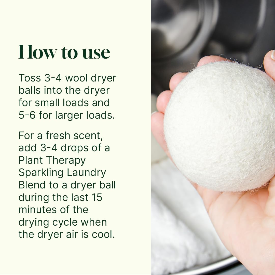 Plant Therapy Home Wool Dryer Balls 6-Pack 100% New Zealand Wool, Extra Large, Eco-Friendly, Reusable Natural Fabric Softener, All Natural & Chemical