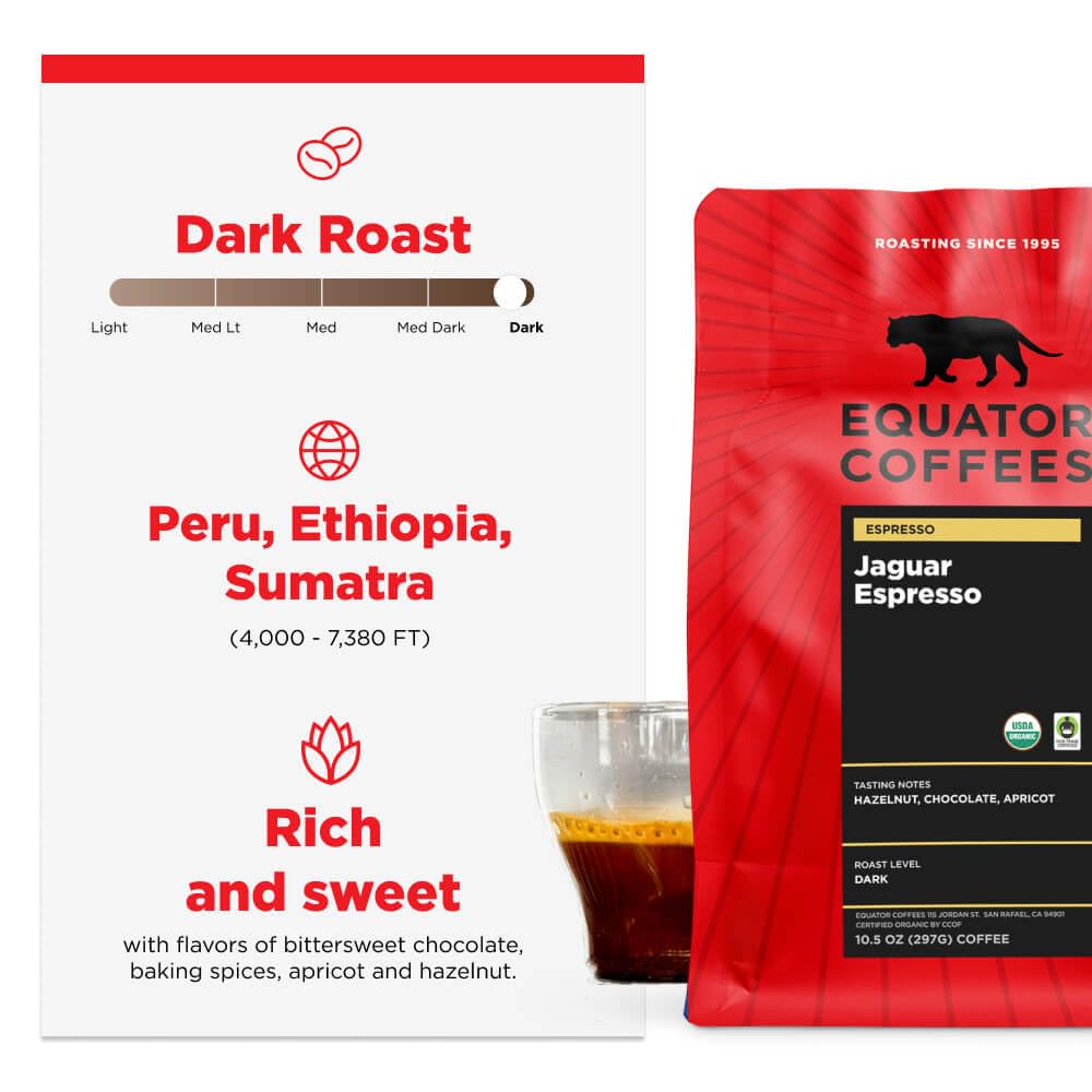 Equator Coffees, Jaguar Espresso, Organic Whole Bean Coffee, Dark Roast, Fresh Roasted, Hazelnut, Chocolate & Apricot Flavor Notes, Sustainable