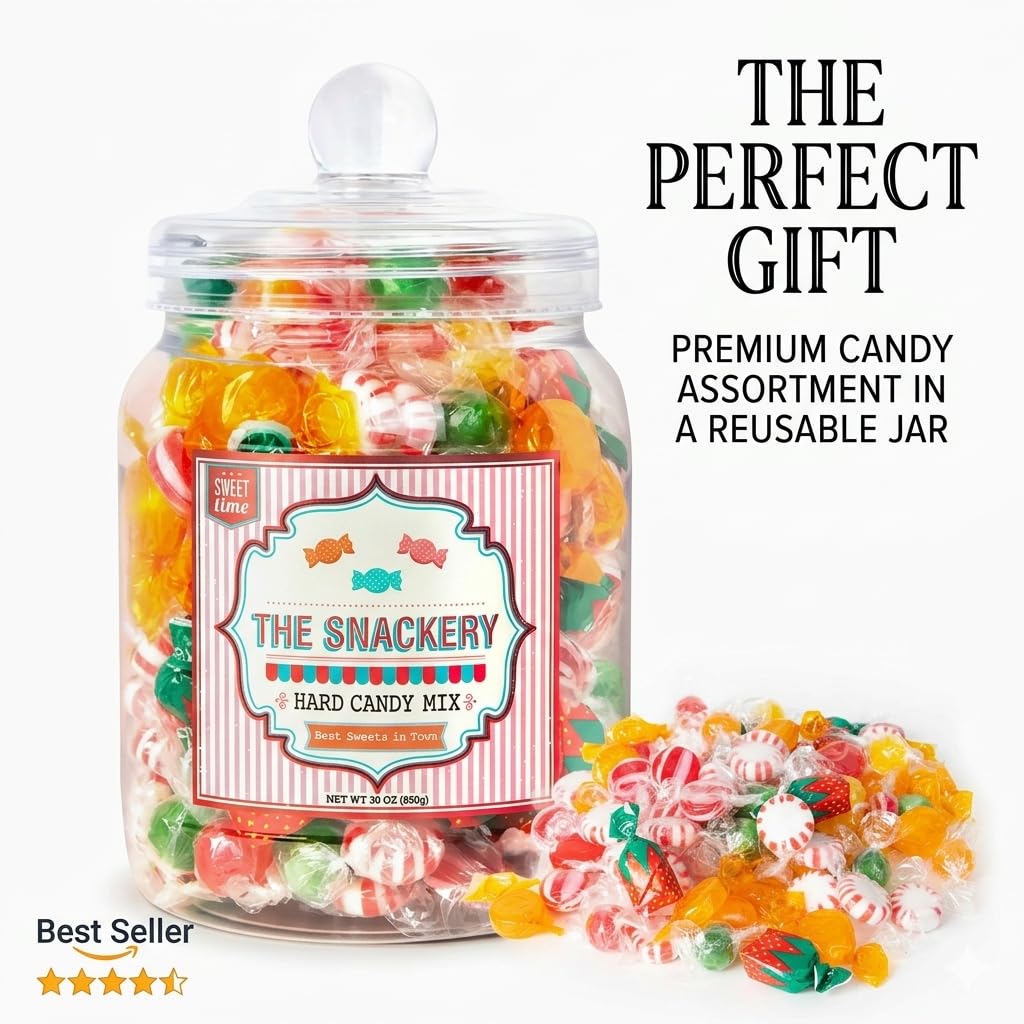 Candy Jar Filled With Your Favorite Hard Candy Mix | Individually Wrapped Nostalgic Old Fashioned Assortment | Strawberry Filled, Sour Balls