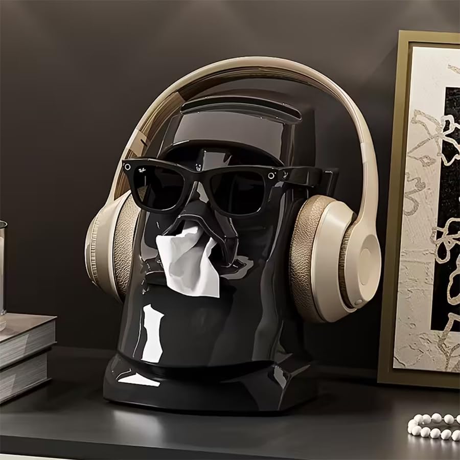 Creative Moai Tissue Box Holder with Headphone Holder, Suitable for Living Room, Bedroom and Other Desktop Storage Boxes, Green,Cream White, Black