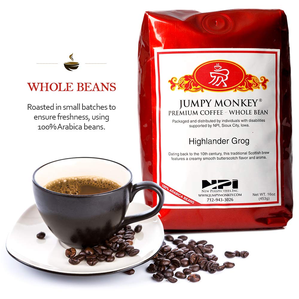 Jumpy Monkey® Coffee Highlander Grog Butterscotch Blend - Medium Roast, Flavored Coffee, 100% Arabica, Whole Bean, For Cold Brew, French Press, 16