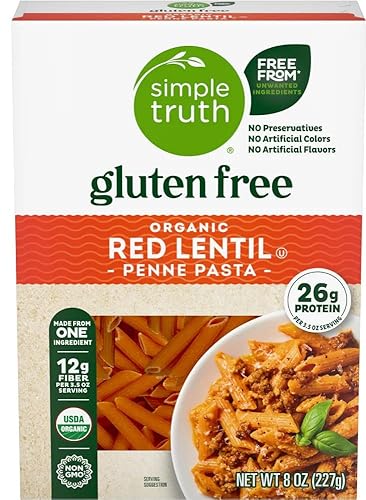 Simple Truth Gluten Free Organic Red Lentil Penne Pasta, 26g Protein, 12g Fiber per Serving, Non-GMO, 8 oz (2 Pack)