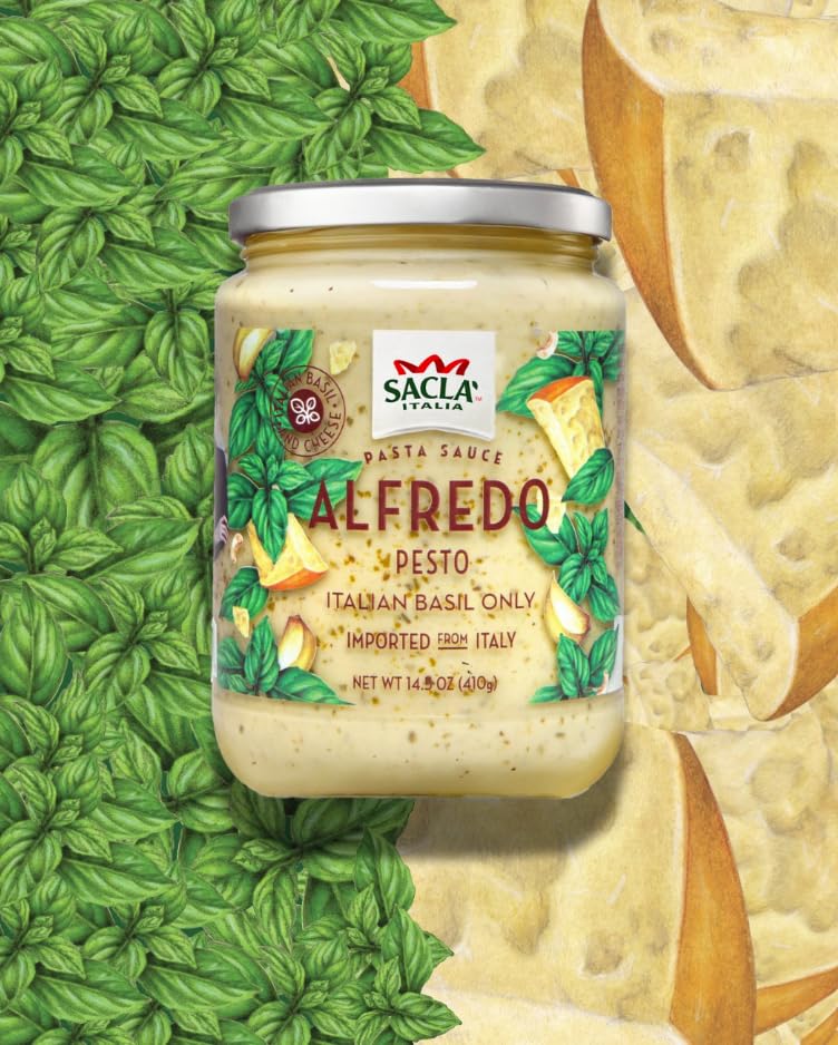SACLA Alfredo Pasta Sauce with Basil Pesto | Creamy Italian White Pasta Sauce with Cheese & Basil | 14.5 oz Glass Jar | Imported from Italy | Non-GMO