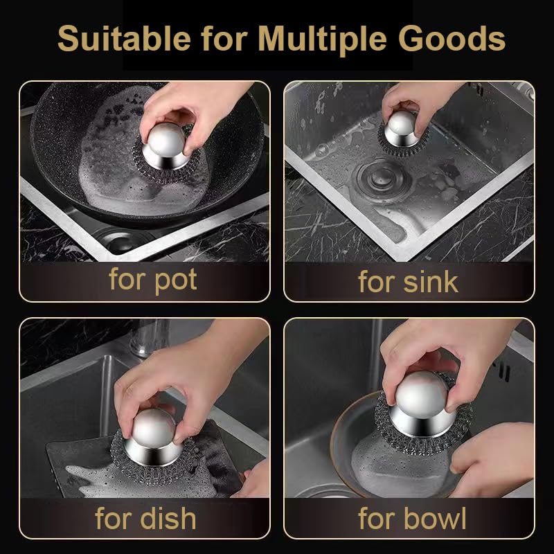 Onewly 2Pack Steel Wool Scrubber with Handle, Stainless Steel Scrubber for Cleaning Cast Iron, Dishes, Stock Pots, Pans, Griddles, Grills, Silver