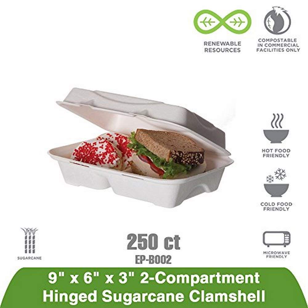 Eco-Product EP-B002 Plant Based Plastic 2 Compartment Renewable and Compostable Sugarcane Clamshell, 9" Length x 6" Width x 2-1/2" Height (Case of 2