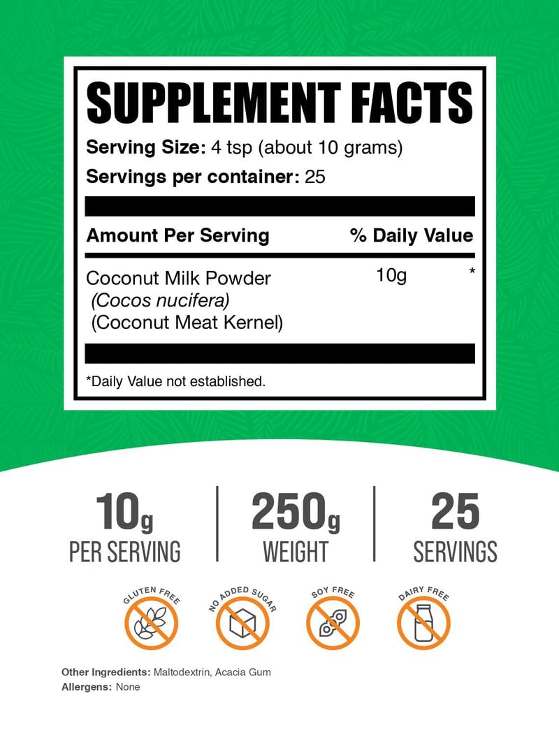 BulkSupplements.com Coconut Milk Powder - Powdered Coconut Milk - Dairy-Free Creamer - Vegan & Gluten Free, 10g per Serving, 250g (8.8 oz) (Pack of 1)