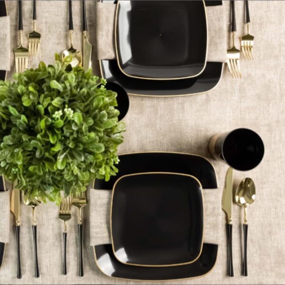 Blue Sky Organic Black Square Plates Combo (32 Count) | Premium Plastic Plates: 7.25" & 10" | Gold-Rimmed Disposable Dinnerware Party Essentials
