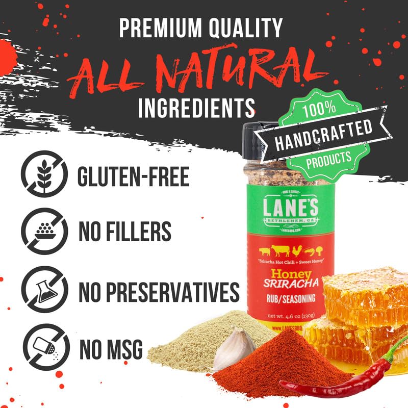Lane's Honey Sriracha Seasoning, All-Natural Sriracha Powder Seasoning Blend with Garlic & Herb Honey Seasoning for Pork & Meat, Made in USA, 4.6 Oz