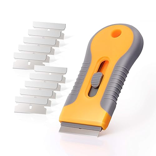 EHDIS Car Sticker Remover Glass Cooktop Razor Scraper with 10pcs Replace Blades for Label,Glue,Paint,Adhesive Remover,Oven Door, Stove Cleaning-Yellow