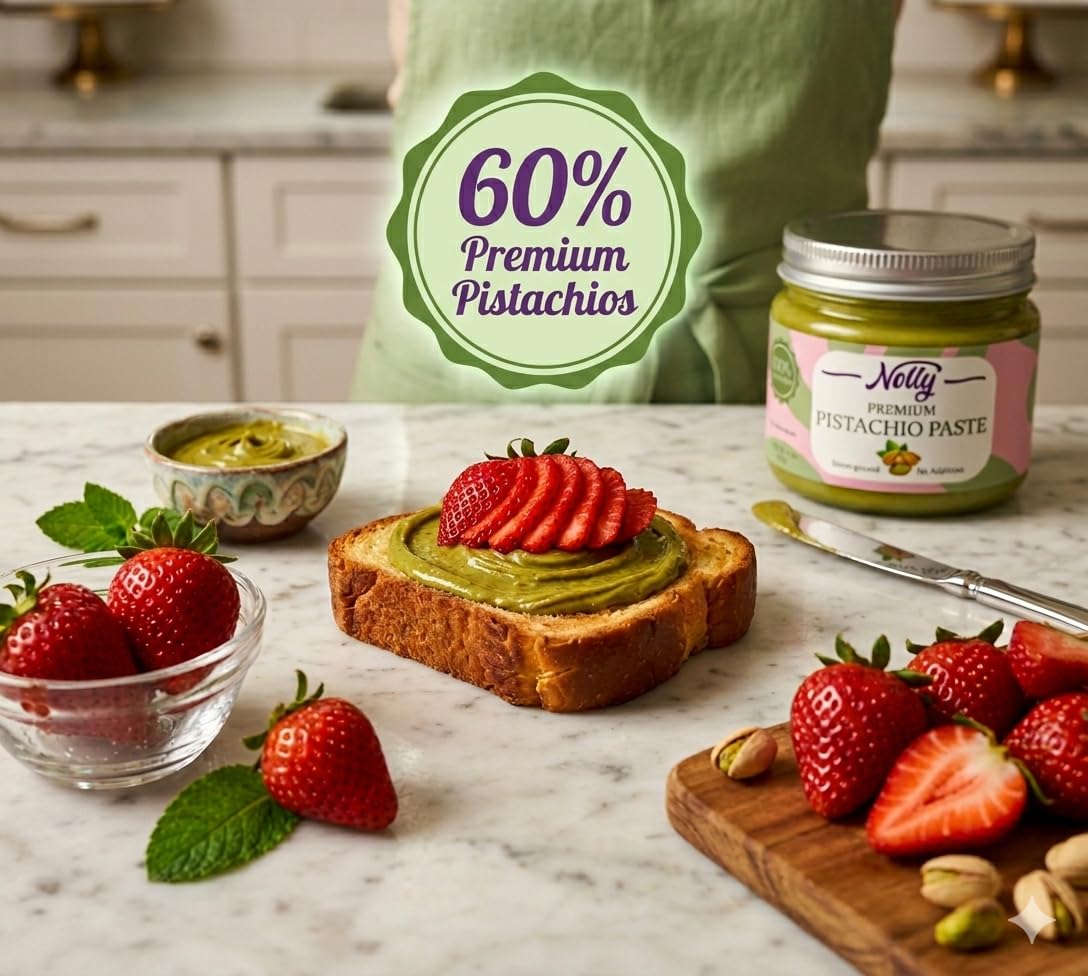 NOLLY - Premium 60% Pistachio Paste & Spread, 8.0 oz (226g) - Artisan, Gluten-Free, Non-GMO - Gourmet Paste/Spread for Desserts, Pastries, Dubai