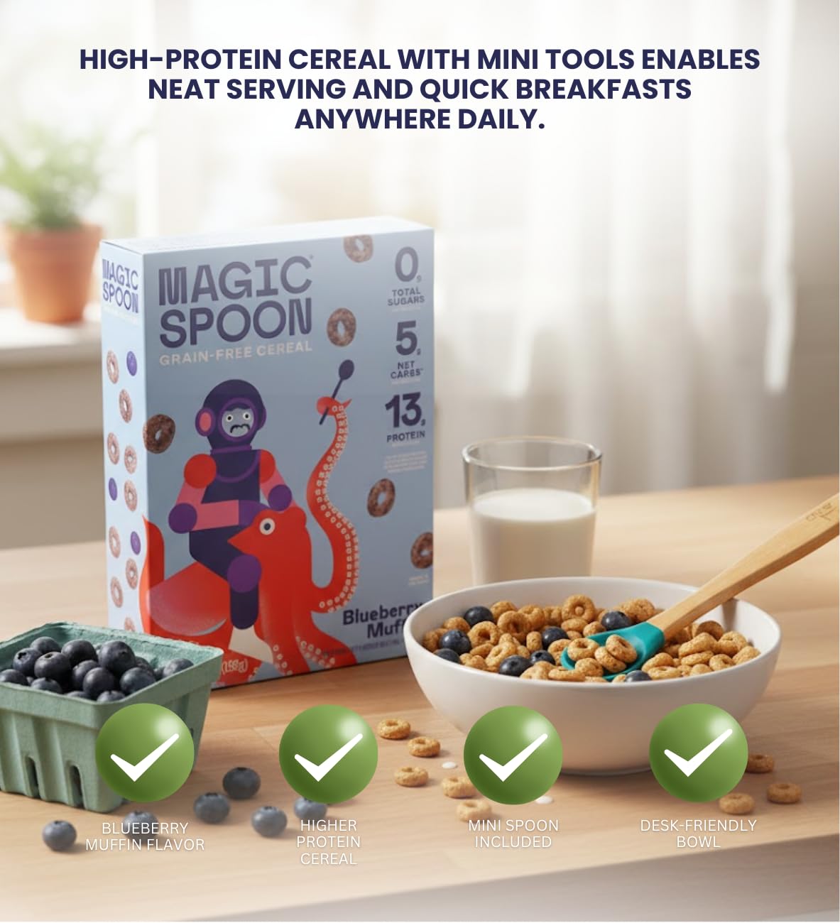 4x Magic Spoon Cereal Blueberry Muffin 7 OZ Bundle with Assorted Silicone/Wood Mini Utensils for High Protein Breakfast Bowls and Low Carb Cereal Prep