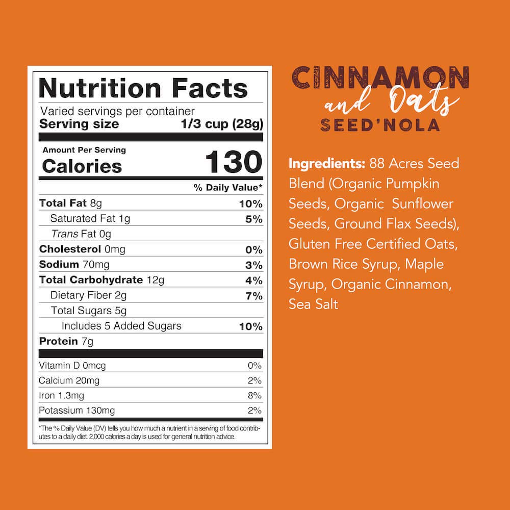 88 Acres Seed Granola | Gluten Free, Nut Free, Non GMO, School Safe, Healthy Vegan Breakfast Cereal | 3 Pack, 10 oz (Cinnamon & Oats)