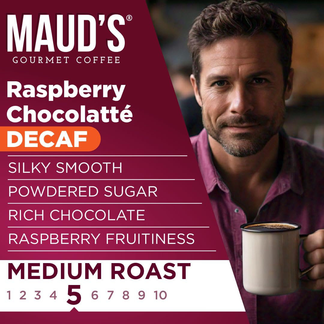 Maud's Decaf Raspberry Chocolate Flavored Coffee Pods, 18 ct, Decaffeinated Medium Roast Flavored Coffee in Single Serve Pods - 100% Arabica Beans