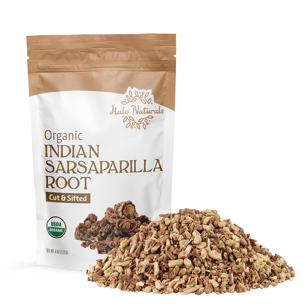 Halo Naturals Organic Sarsaparilla Root Cut & Sifted (Indian), 4 Ounces (Hemidesmus indicus) USDA Certified | Resealable Pouch| Packaged in The USA