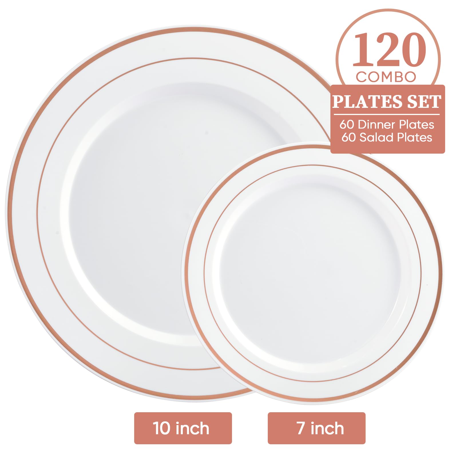 FOCUSLINE 120Pcs Rose Gold Plastic Plates, Disposable White and Rose Gold Rim Plastic Plates, Including 60 Dinner & Dessert Plate, Elegant Fancy Heavy