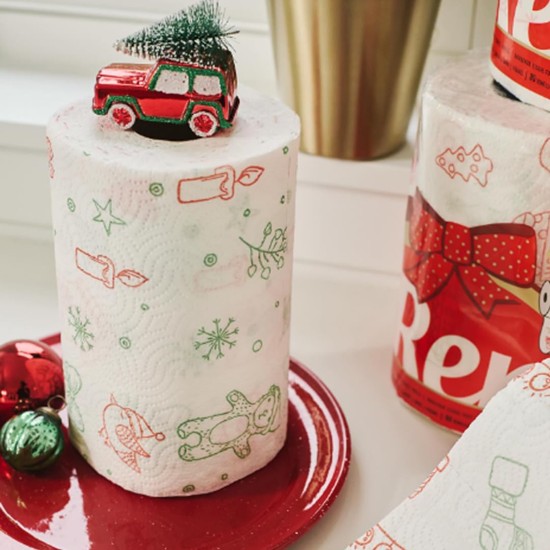 Homdkor Renova Christmas Kitchen Paper Towel 3 Jumbo Rolls 2-ply 120 Sheets- Printed Paper Rolls for Christmas Decoration Table - Use as Christmas