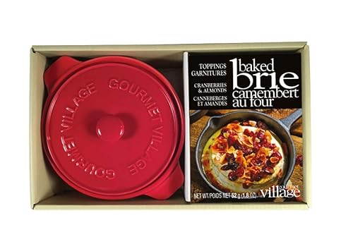 Gourmet du Village, Red Ceramic Brie Baker with Handles Gift Set with Cranberry Almond Topping