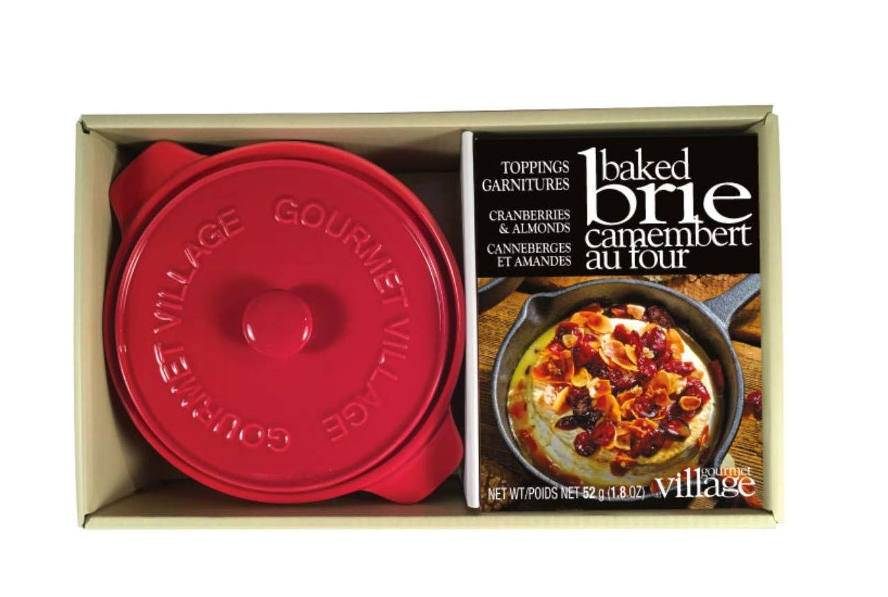 Gourmet du Village, Red Ceramic Brie Baker with Handles Gift Set with Cranberry Almond Topping