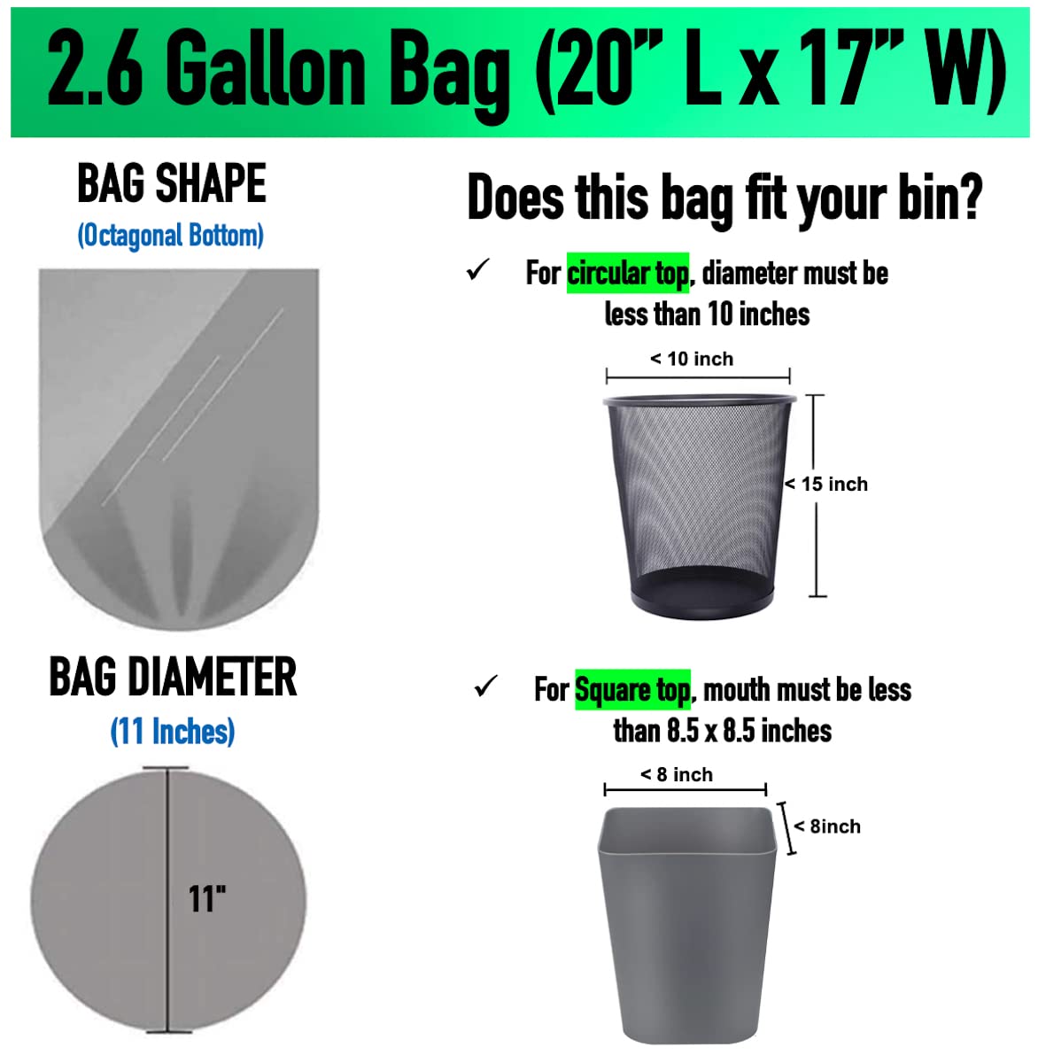 2.6 Gallon (10 Liter) Clear Small Trash Bags (440 Bags) 2 Gallon Bathroom Garbage Bags Plastic Wastebasket Can Liners for Home and Office Bins, 440