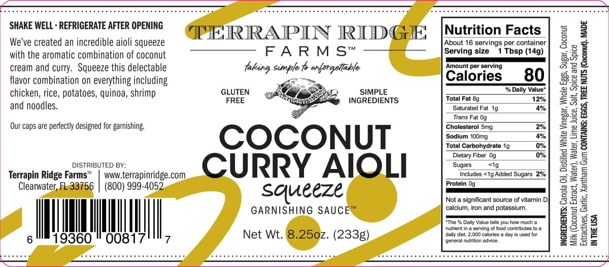 Terrapin Ridge Farms Coconut Curry Aioli Sauce - Aromatic Squeeze Condiment - 2 Pack, 8.25 oz Bottles