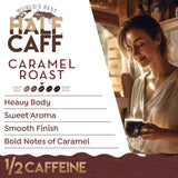 World's Best Half Caff Caramel Coffee Pods, 18 ct, Medium Roast Flavored Coffee in Single Serve Pods - 100% Arabica Beans, Compatible with Keurig K