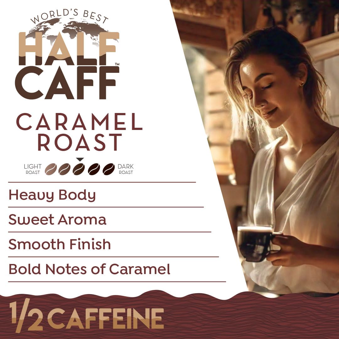 World's Best Half Caff Caramel Coffee Pods, 18 ct, Medium Roast Flavored Coffee in Single Serve Pods - 100% Arabica Beans, Compatible with Keurig K