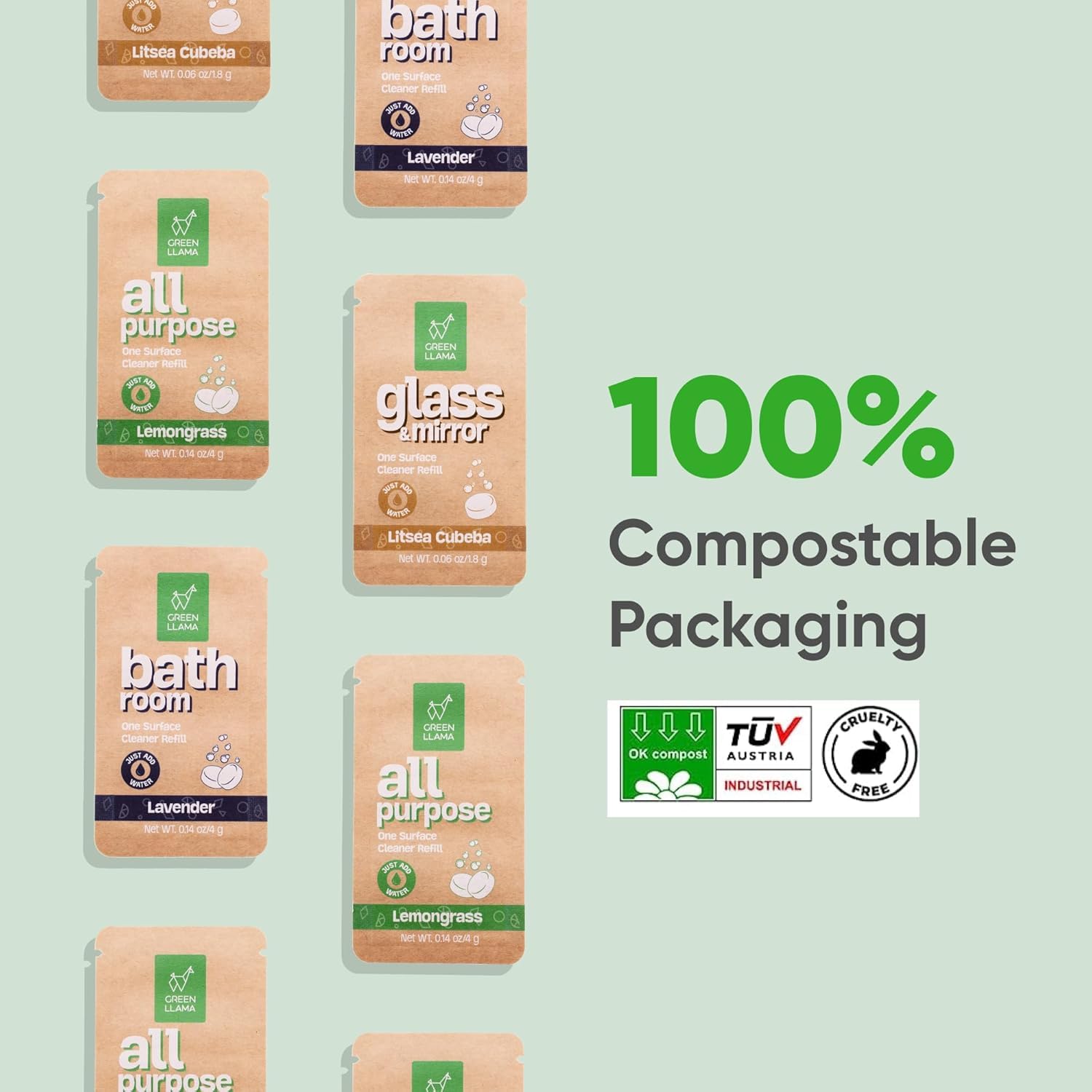 Green Llama Bathroom Cleaner Refill 8-Pack: Certified Compostable Packaging, Eco-Friendly & Sustainable Natural Cleaning Solution for a Sparkling