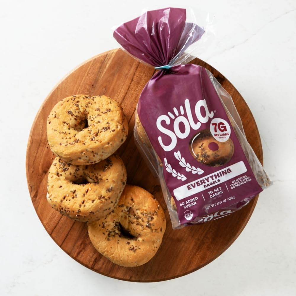 The Sola Company Bagel, 12 OZ (Pack of 3) Veriety Pack, Plain Bagel, Everything Bagels, Blu-Berry Bagels Non-GMO, No Added Sugar