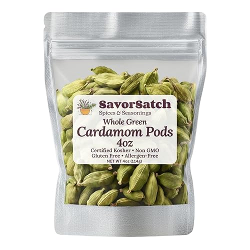SavorSatch Whole Green Cardamom Pods (4 oz) - Large Guatemalan Cardamom, Fresh & Aromatic, Resealable Stand-Up Pouch, Certified Kosher, Premium Spice