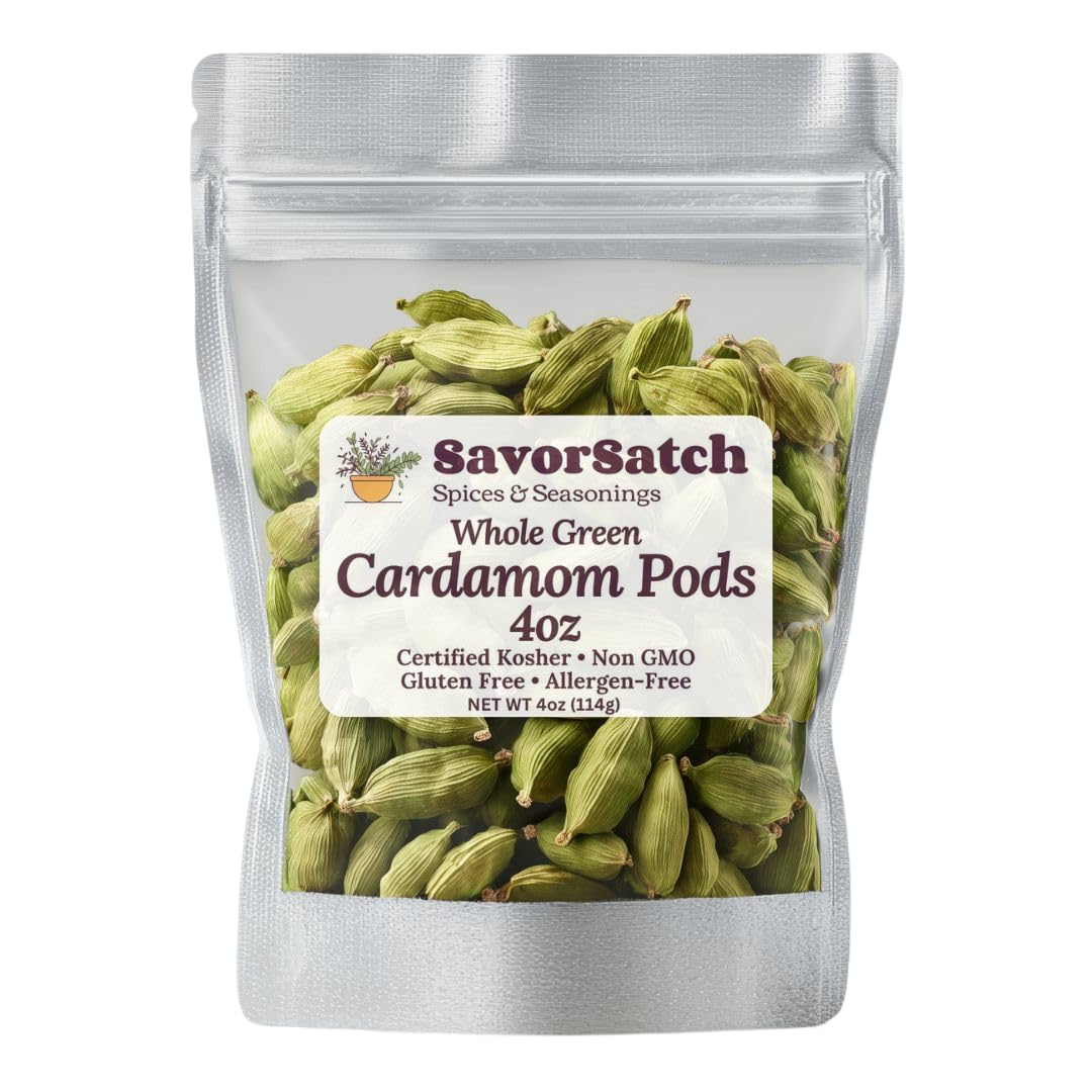 SavorSatch Whole Green Cardamom Pods (4 oz) - Large Guatemalan Cardamom, Fresh & Aromatic, Resealable Stand-Up Pouch, Certified Kosher, Premium Spice
