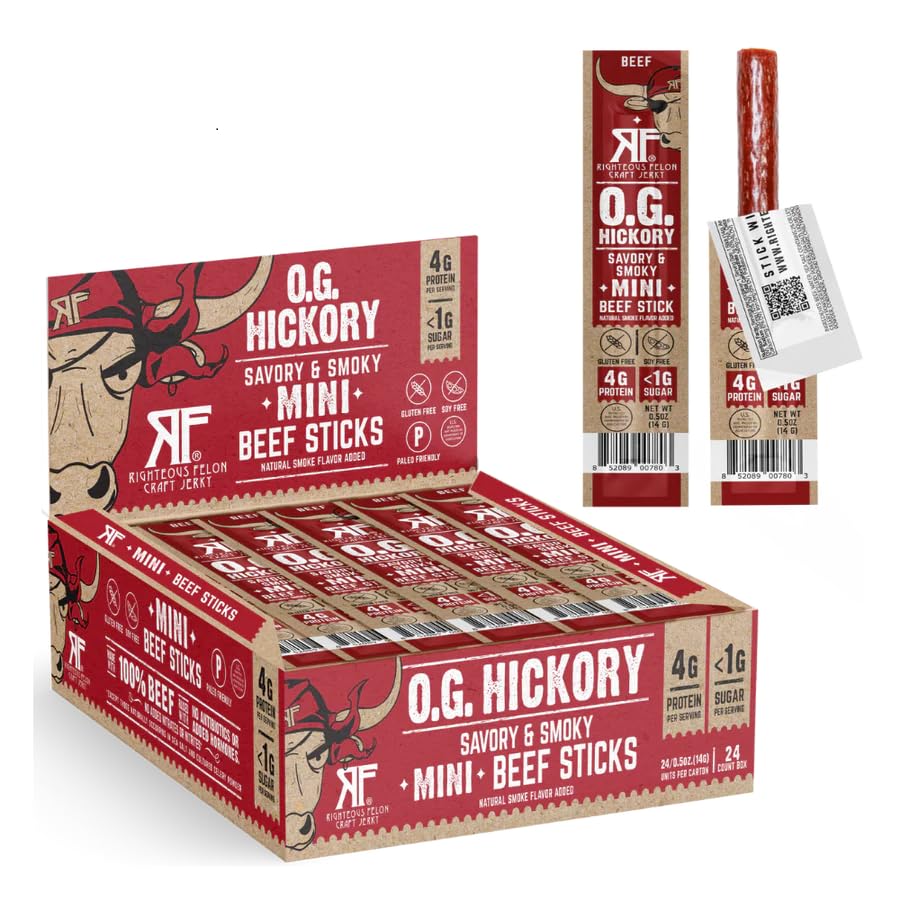 Righteous Felon Mini Meat Sticks | 100% Grass-Fed Beef Sticks | Keto, Gluten Free, Low Sugar, High Protein Snacks | Healthy Meat Snacks for Kids