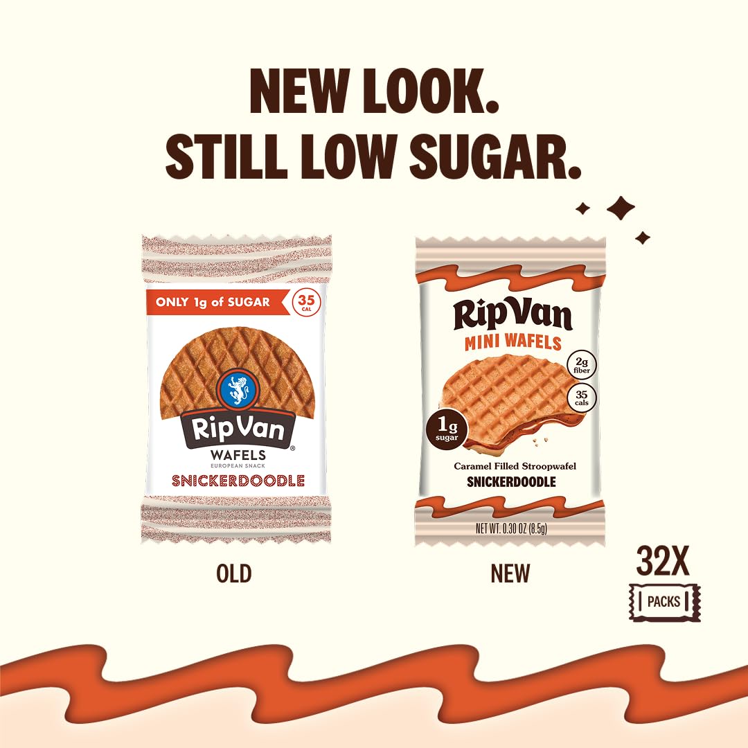 Rip Van Wafels Snickerdoodle Mini Stroopwafels - Low Carb, Low Sugar, Keto Friendly Snacks - Non-GMO, Healthy Office Snack & Breakfast Treat - 32 Pack