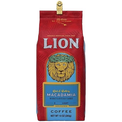 Lion Coffee Macadamia Nut Flavored Coffee (Ground, Light Medium Roast, International Blend, 10oz Bag)