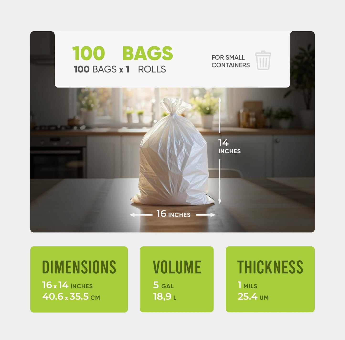 Small Trash Bags - 16x14 Inches, 1 Mil Thick, 100 Count - Durable Leak-Proof Mini Garbage Bags, 5 Gallon Capacity