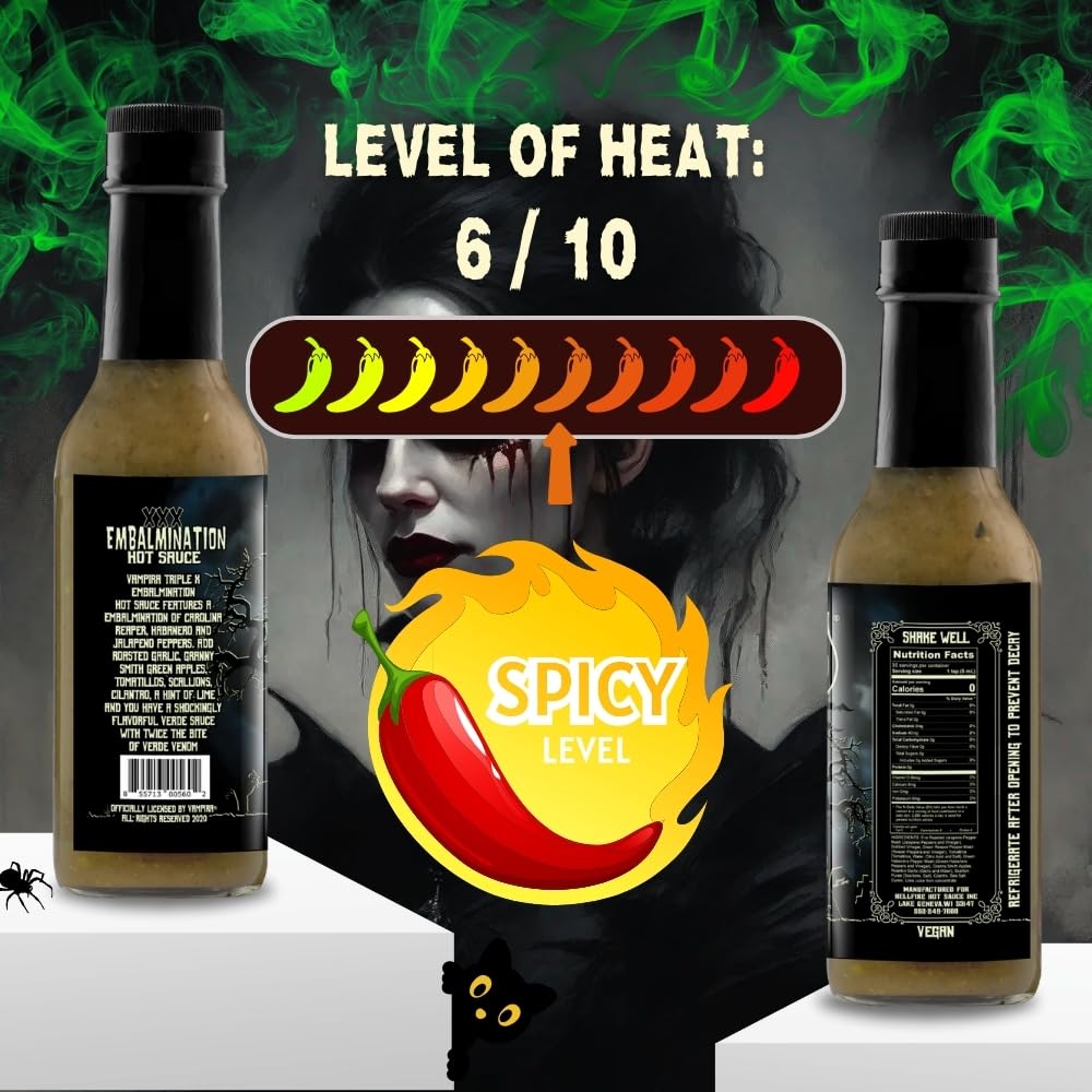 Hellfire Hot Sauce Vampira XXX Embalmination - Green Salsa Verde Gourmet Hot Sauce With Carolina Reaper Peppers, 5 oz.