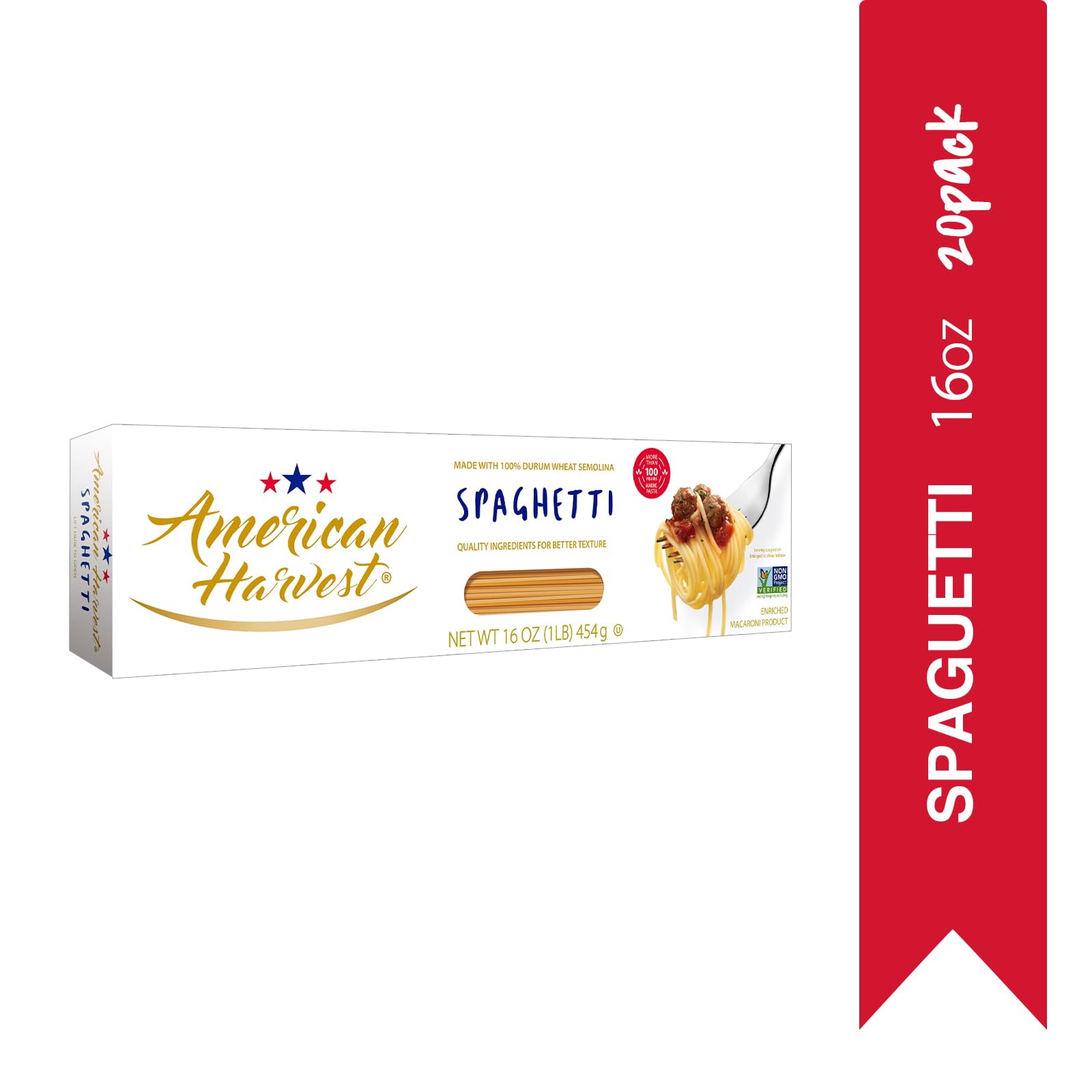 AMERICAN HARVEST, Spaghetti Pasta, Enriched with Vitamins, 16 oz (20 Pack) | Made in America, Non-GMO Semolina, Classic Al Dente Texture | 100 Years