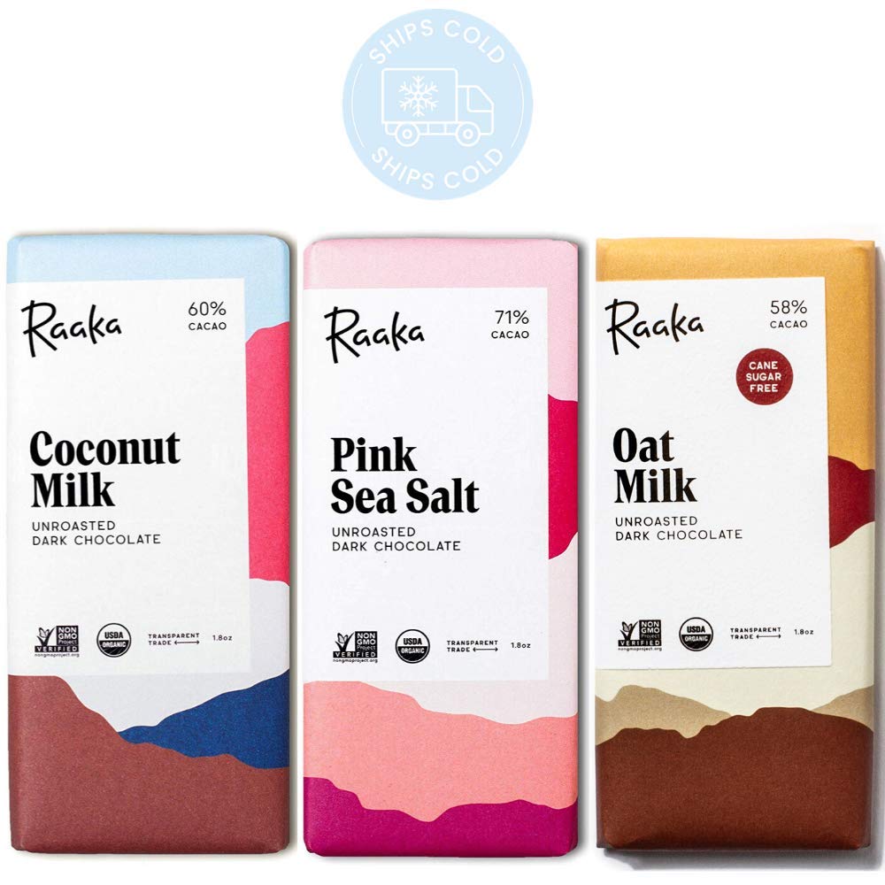 Raaka Chocolate Dairy-Free Pack | Gourmet Bean-to-Bar Dark Chocolate | Organic, Kosher, Vegan, Gluten-Free | Chocolate Lover’s Gift | 1.8oz Bars