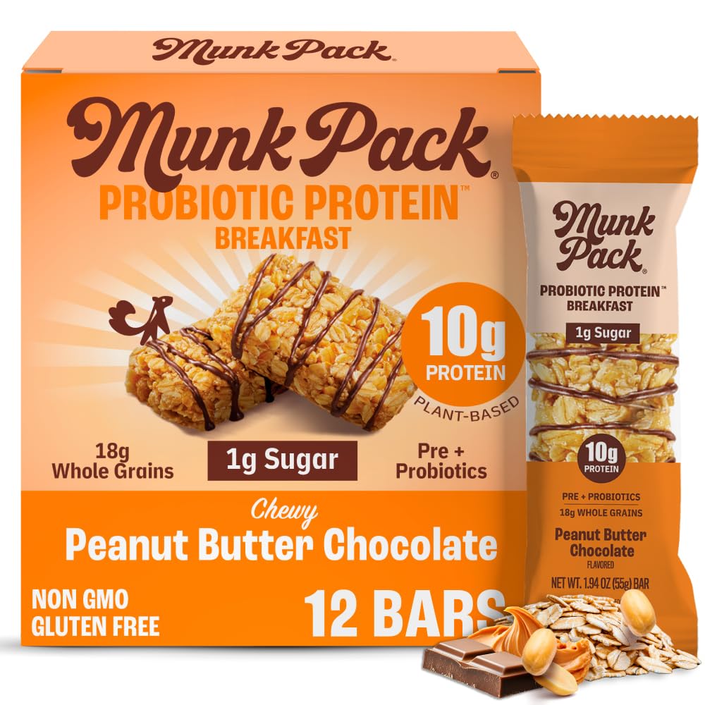 Munk Pack Peanut Butter Probiotic Protein Bars | 10g Plant Protein, 1g Sugar, 6g Fiber | Diabetic-Friendly Ideal Breakfast Bars - On-the-Go Snacks
