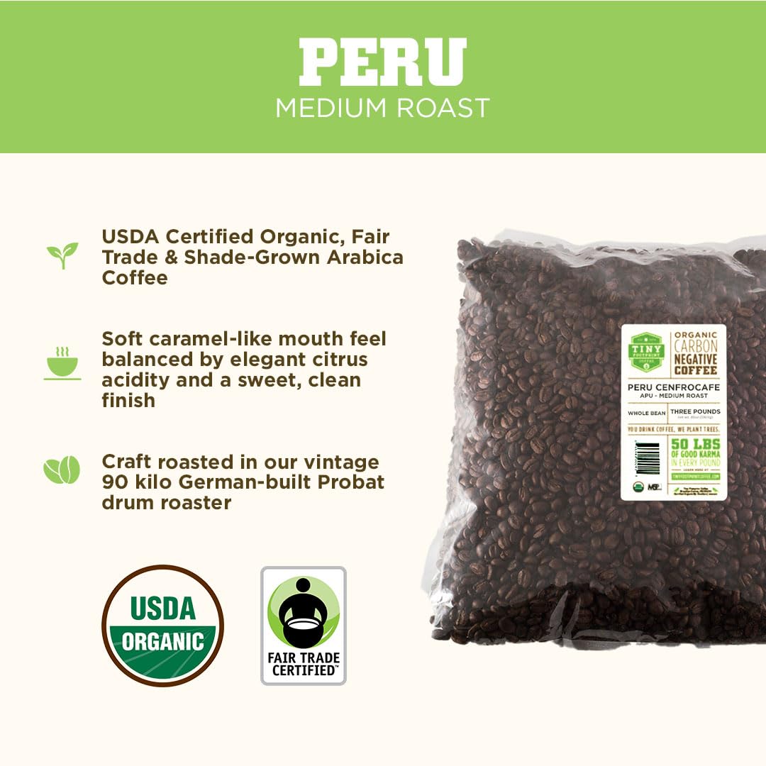 Tiny Footprint Coffee - Fair Trade Organic Peru APU Medium Roast - Whole Bean Coffee, USDA Organic & Carbon Negative - You Drink Coffee, We Plant