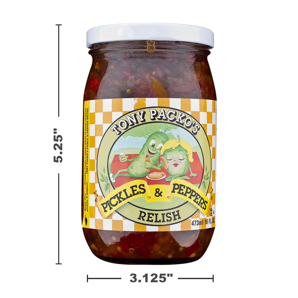 Tony Packo’s Pickles & Peppers Relish, 6 Jars (16 oz each) with Jar Opener, USA-Made Relish, Hot Dog Topping, Sandwich Spread, Toledo Ohio, With Pulp