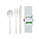 Green Direct Medium Weight Wrapped Plastic Cutlery Set with Napkin, Fork, Spoon, Knife, Salt, Pepper, White 50 Pack Plastic Cutlery Meal Kit