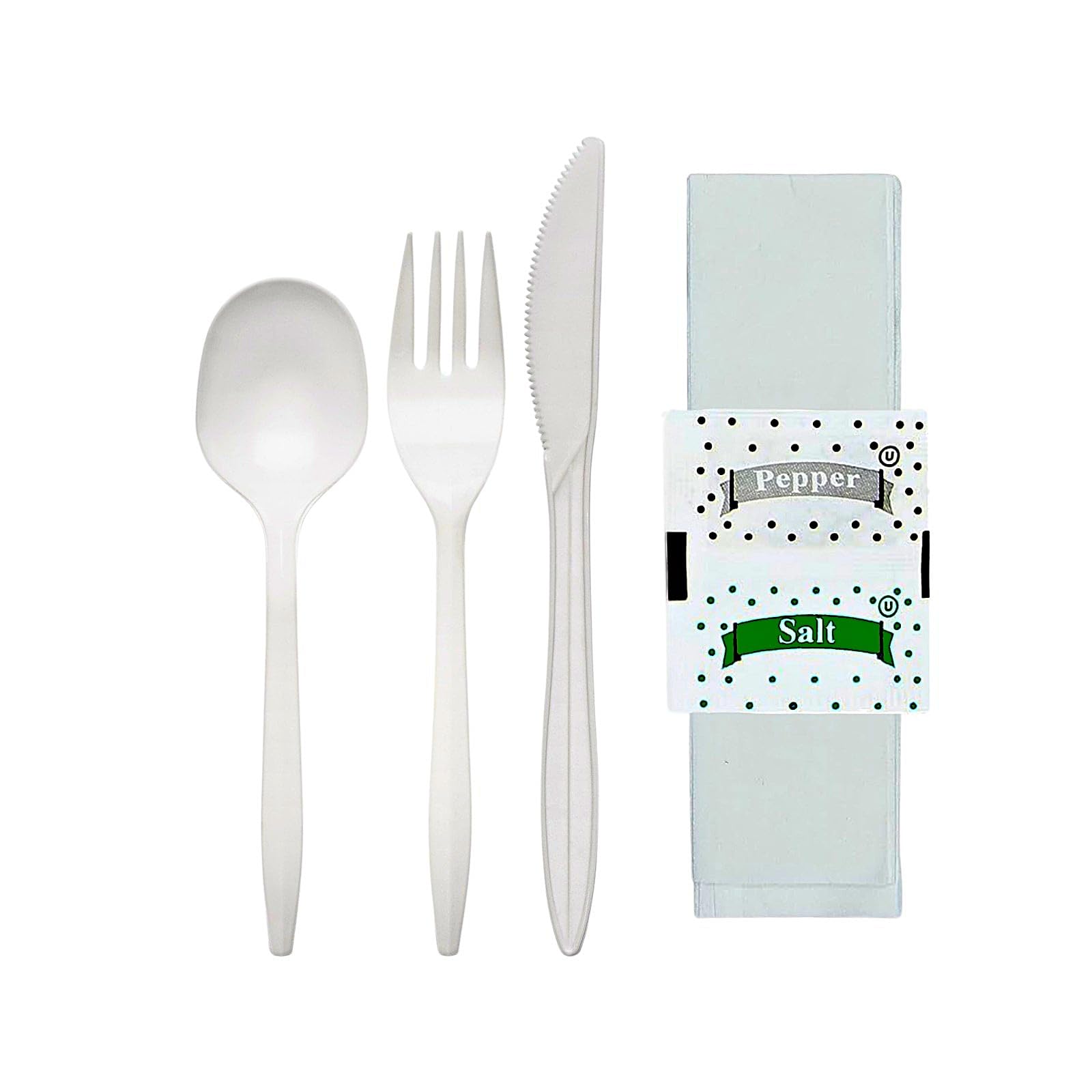 Green Direct Medium Weight Wrapped Plastic Cutlery Set with Napkin, Fork, Spoon, Knife, Salt, Pepper, White 50 Pack Plastic Cutlery Meal Kit