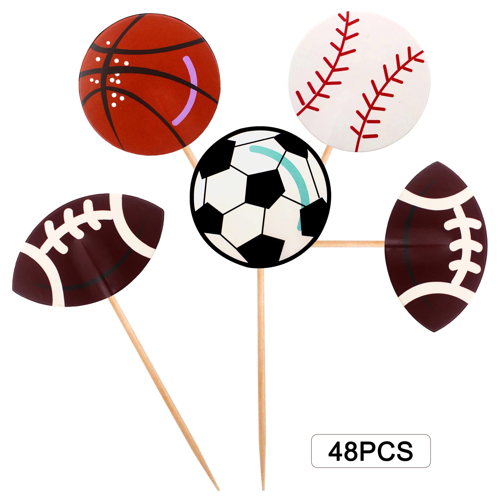 BLUE TOP 48pcs Two Side Sports Ball Cupcake Toppers Sports Theme Cupcake Picks Party Decor Football Baseball Basketball Rugby Decoration Picks