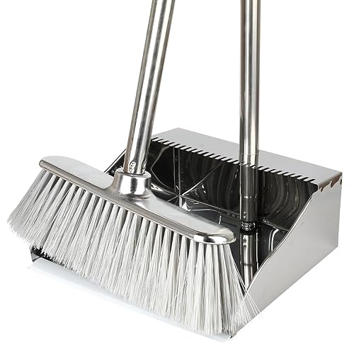 Metal Dustpan with Broom Set, Long Handle Stainless Steel Dustpan,Heavy Duty Standing Dust Pan with Teeth, Indoor Outdoor Up for Home Kitchen Lobby