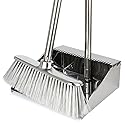 Metal Dustpan with Broom Set, Long Handle Stainless Steel Dustpan,Heavy Duty Standing Dust Pan with Teeth, Indoor Outdoor Up for Home Kitchen Lobby