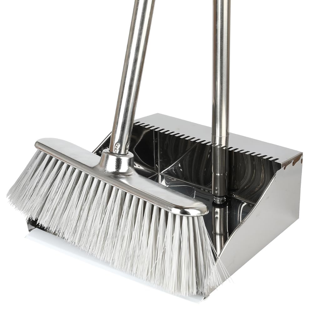 Metal Dustpan with Broom Set, Long Handle Stainless Steel Dustpan,Heavy Duty Standing Dust Pan with Teeth, Indoor Outdoor Up for Home Kitchen Lobby