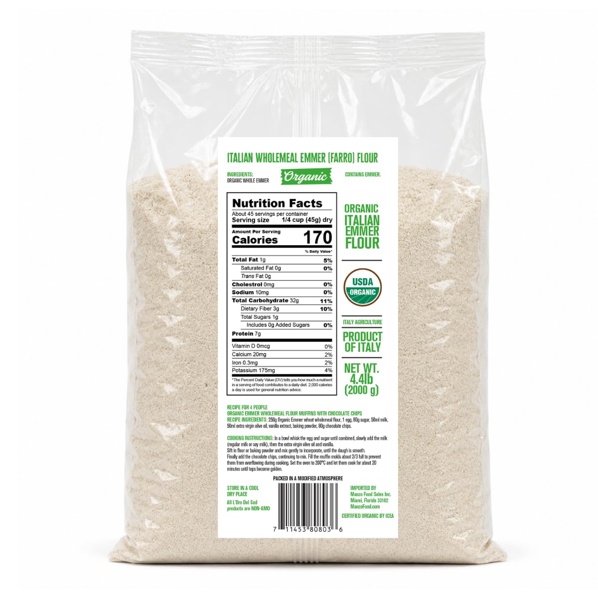 L’Oro Del Sud Organic Farro (Emmer) Flour - 4.4 lb (2 kg), Stone-Ground Ancient Grain Flour from Italy, All-Purpose, High Fiber, Non-GMO